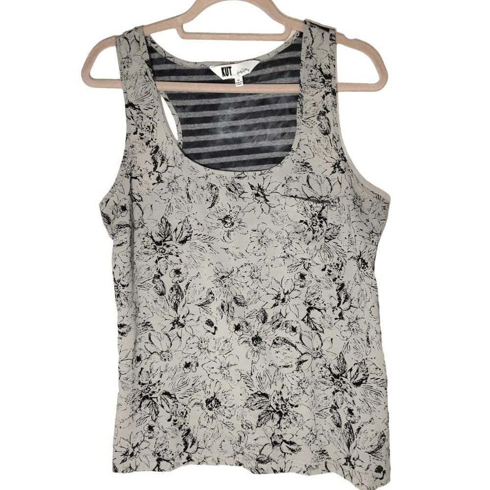 Kut from the Kloth Sage Green Gray Floral Stripe Razorback Tank Top Women Sz M - Picture 1 of 9